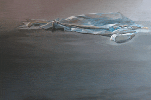 painting of white & blue dress floating in water