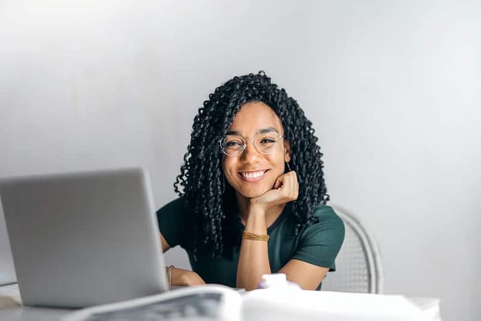 business woman smiles